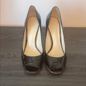 Aldo Glossy Black Peep Toe Heels